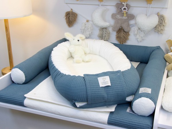 3-er SET - Wickelauflage mit Inlett, Babynest, Bettrolle - Waffel stahlblau / Baumwollfleece creme