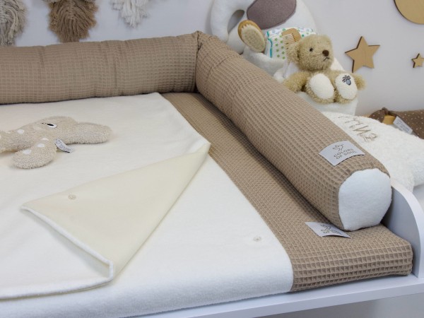 2-er SET - Wickelauflage mit Inlett, Bettschlange - Waffelpique dunkelbeige / Baumwollfleece creme