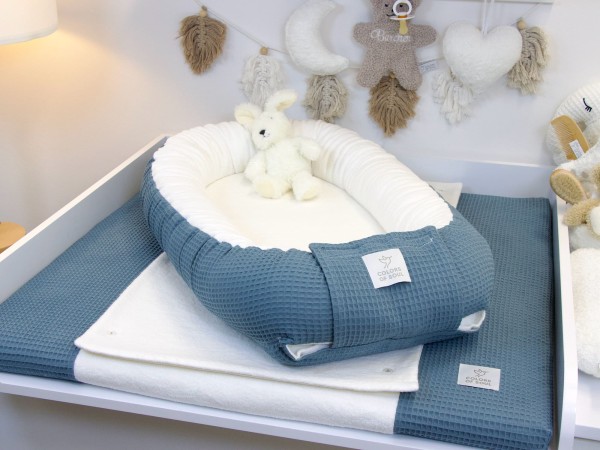 2-er SET - Wickelauflage mit Inlett, Babynestchen - Waffelpique stahlblau / Baumwollfleece creme